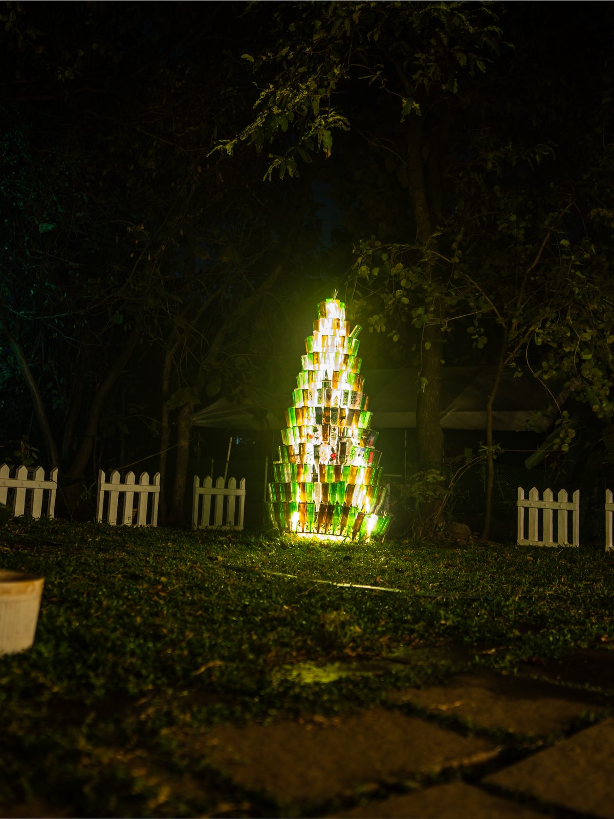 a tree strung with lights on the lawn at night